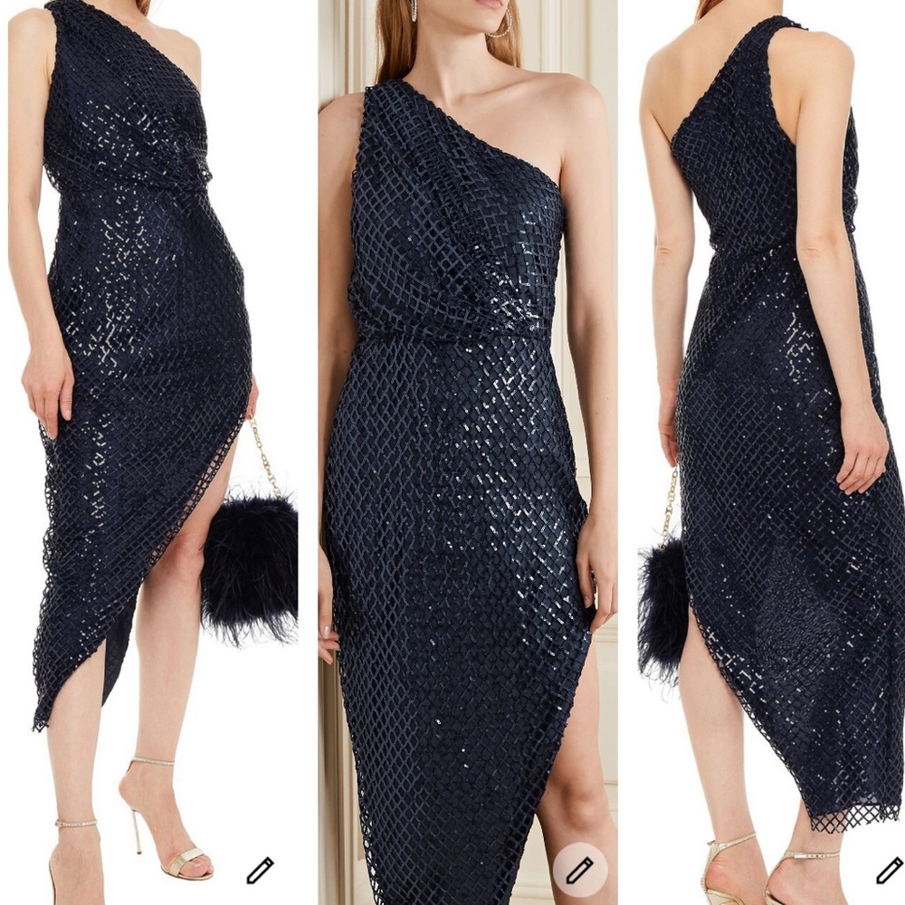 Michelle Mason Navy Sequence One shoulder Dress